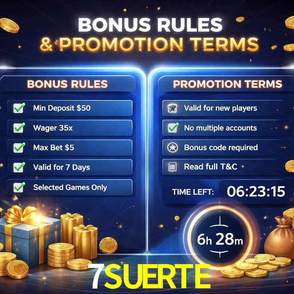 Reglas de promoción 7SUERTE y condiciones de bonos explicadas visualmente