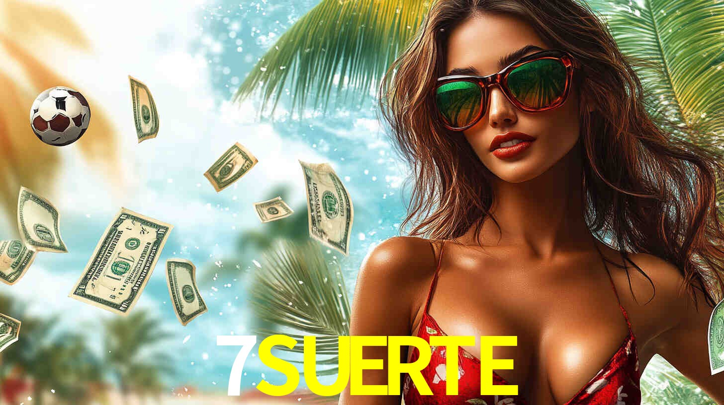Una escena digital vívida inspirada en casino con 7SUERTE mostrado prominentemente, luces brillantes, fichas, cartas y acentos dorados.