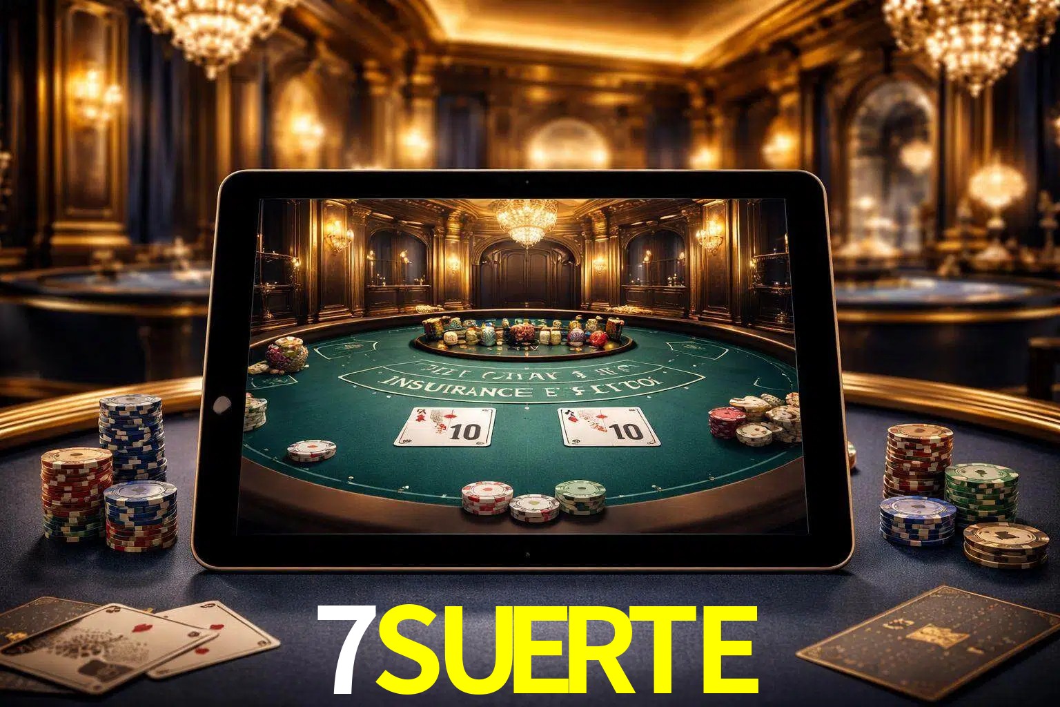 Configuración moderna de casino en vivo con una tableta mostrando una mesa de blackjack, luces cálidas de estudio y una atmósfera elegante de juegos digitales.