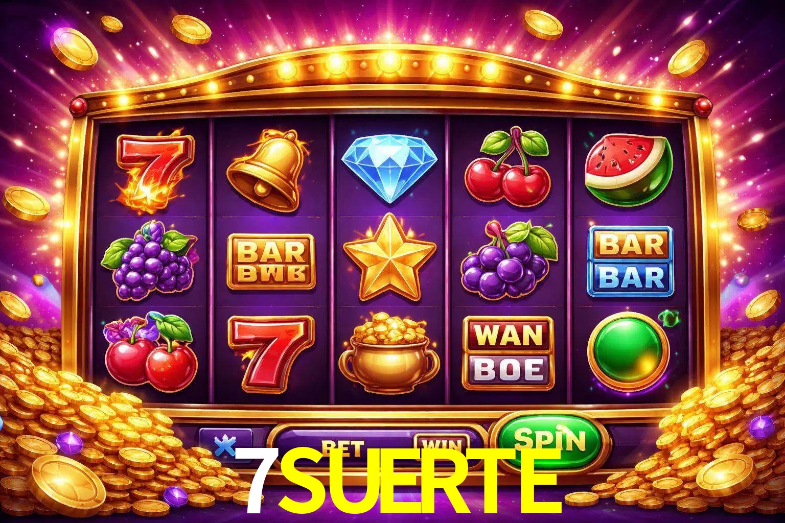 Una interfaz colorida de tragamonedas en línea con símbolos brillantes, monedas y un efecto de victoria celebratoria en 7SUERTE.